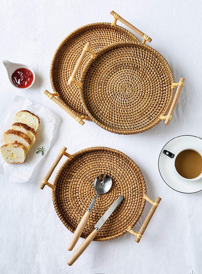 Hand-Made round Rattan Tray with Handle, Food Basket, Basket, Perfect for Displaying Bread, Coffee Breakfast or Fruit 11X11Xo.39In