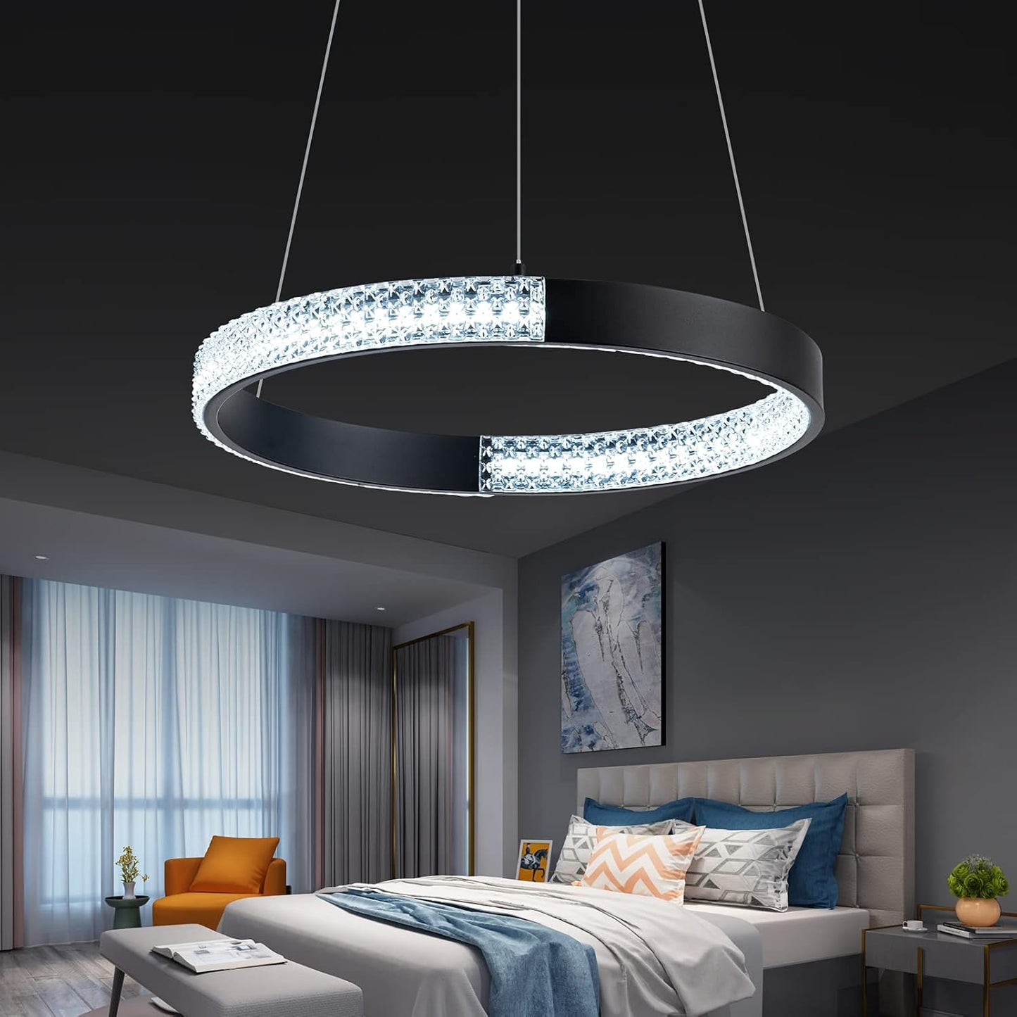 Modern Chandelier LED Ceiling Light Fixture Acrylic in Crystal Adjustable Pendent Light for Living Room Dining Room Bedroom Foyer, Cool White 6000K (1 Ring 15.75'' Black)