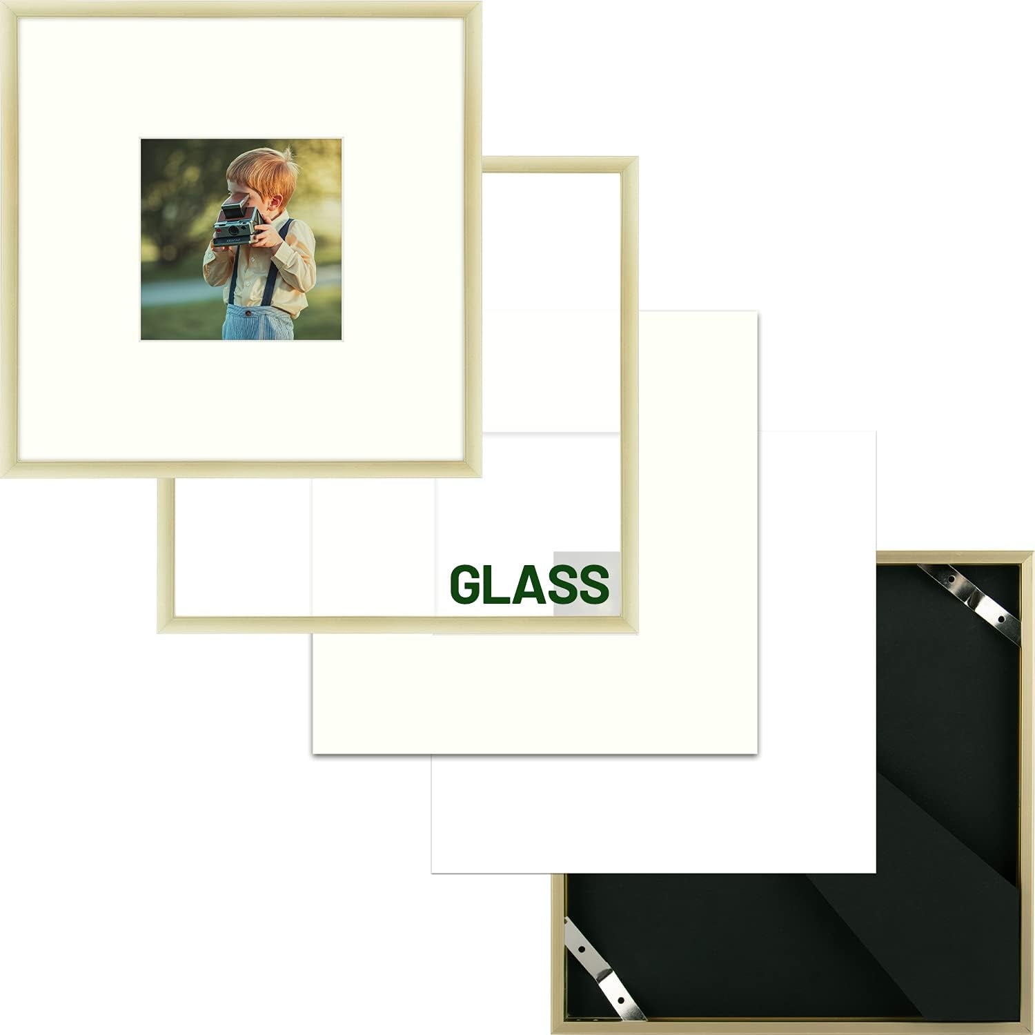 , 8X8 Gold Aluminum Picture Frame - Set of 1 - Ideal for Displaying 4X4 Photos with Mat or 8X8 without Mat - Real Glass Front - Simple Gallery Wall Frames for Art Prints and Posters