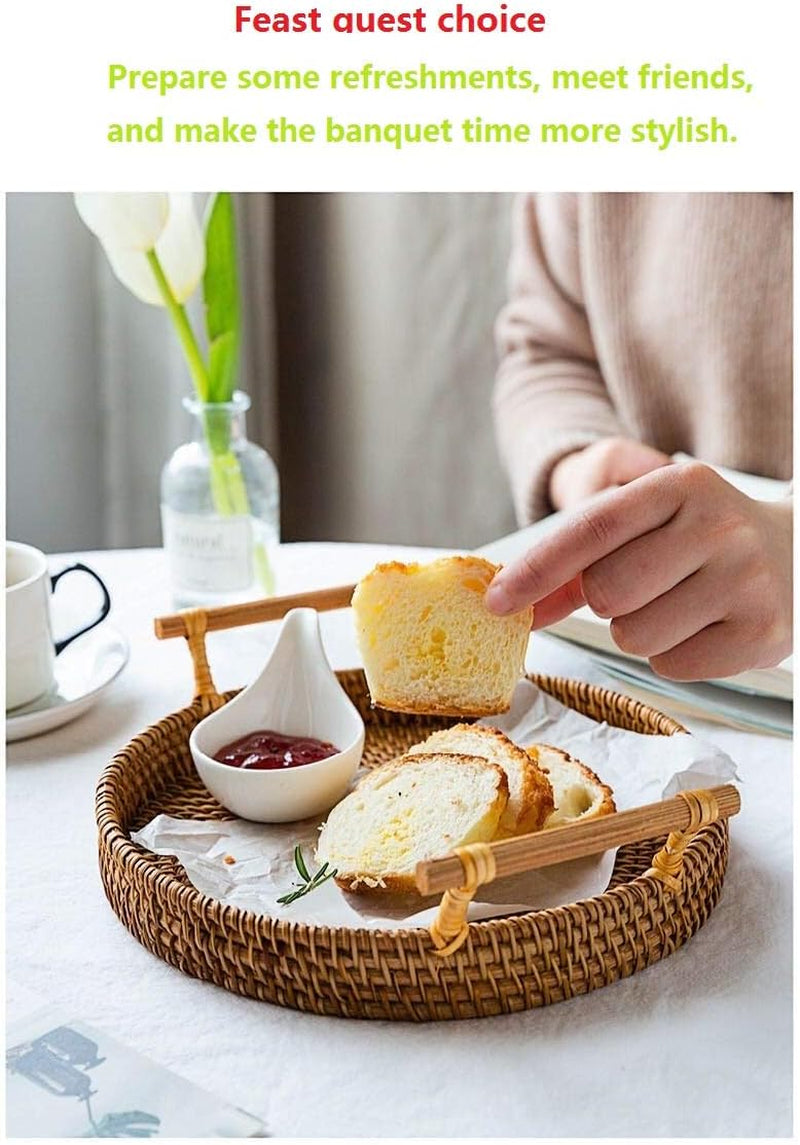 Hand-Made round Rattan Tray with Handle, Food Basket, Basket, Perfect for Displaying Bread, Coffee Breakfast or Fruit 11X11Xo.39In