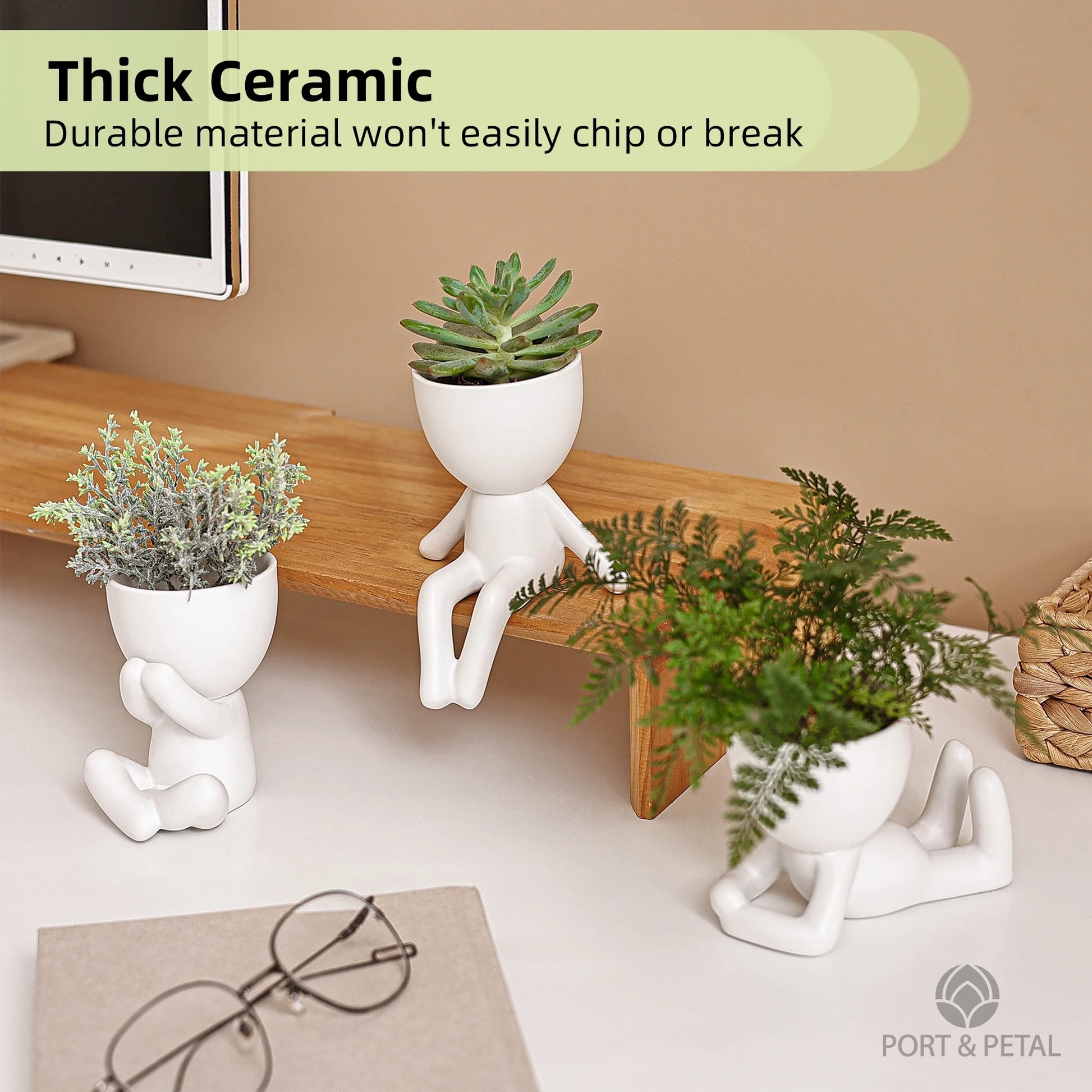 SET of 3 - Mini Decorative Pots with Drainage by Port&Petal - Human Shaped Ceramic Succulent Planters - Little People Pots for Plants for Desktop, Home Decoration, Office, Cafes - White