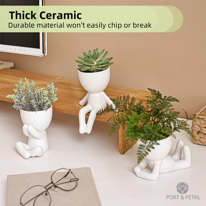 SET of 3 - Mini Decorative Pots with Drainage by Port&Petal - Human Shaped Ceramic Succulent Planters - Little People Pots for Plants for Desktop, Home Decoration, Office, Cafes - White