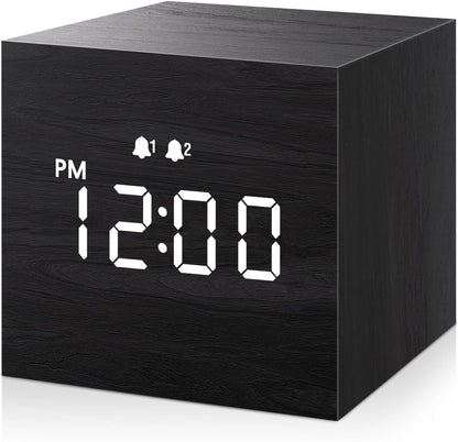 Digital Alarm Clock, with Wooden Electronic LED Time Display, Dual Alarm, 2.5-Inch Cubic Small Mini Wood Made Electric Clocks for Bedroom, Bedside, Desk, Black