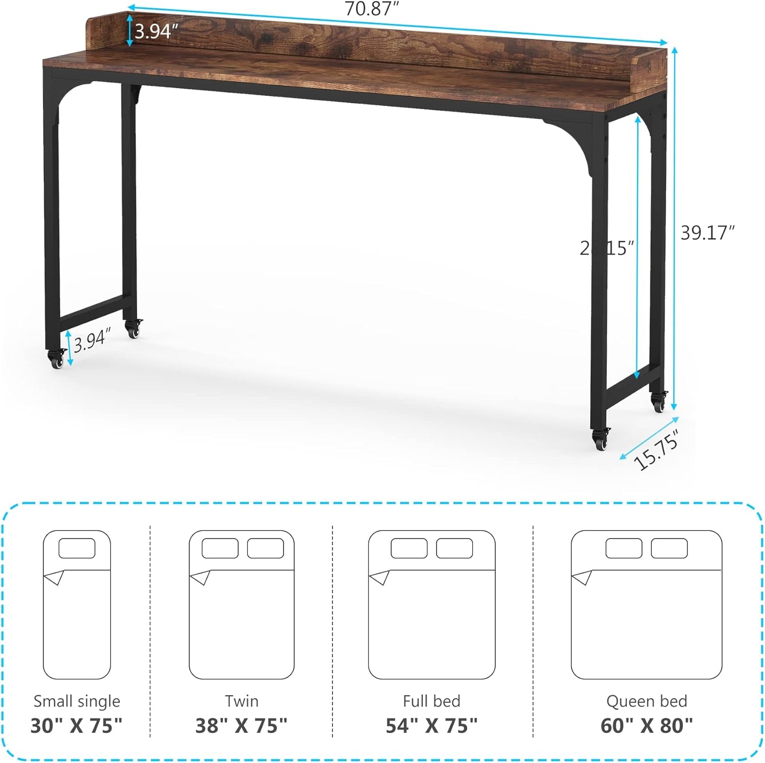 Overbed Table with Wheels, Queen Size Mobile Computer Desk Standing Workstation Laptop Cart, over Bed Table with Heavy Duty Metal Leg (Brown+Black)