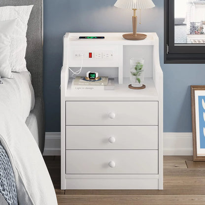 Nightstand with Charging Station and 3 Storage Drawers, White