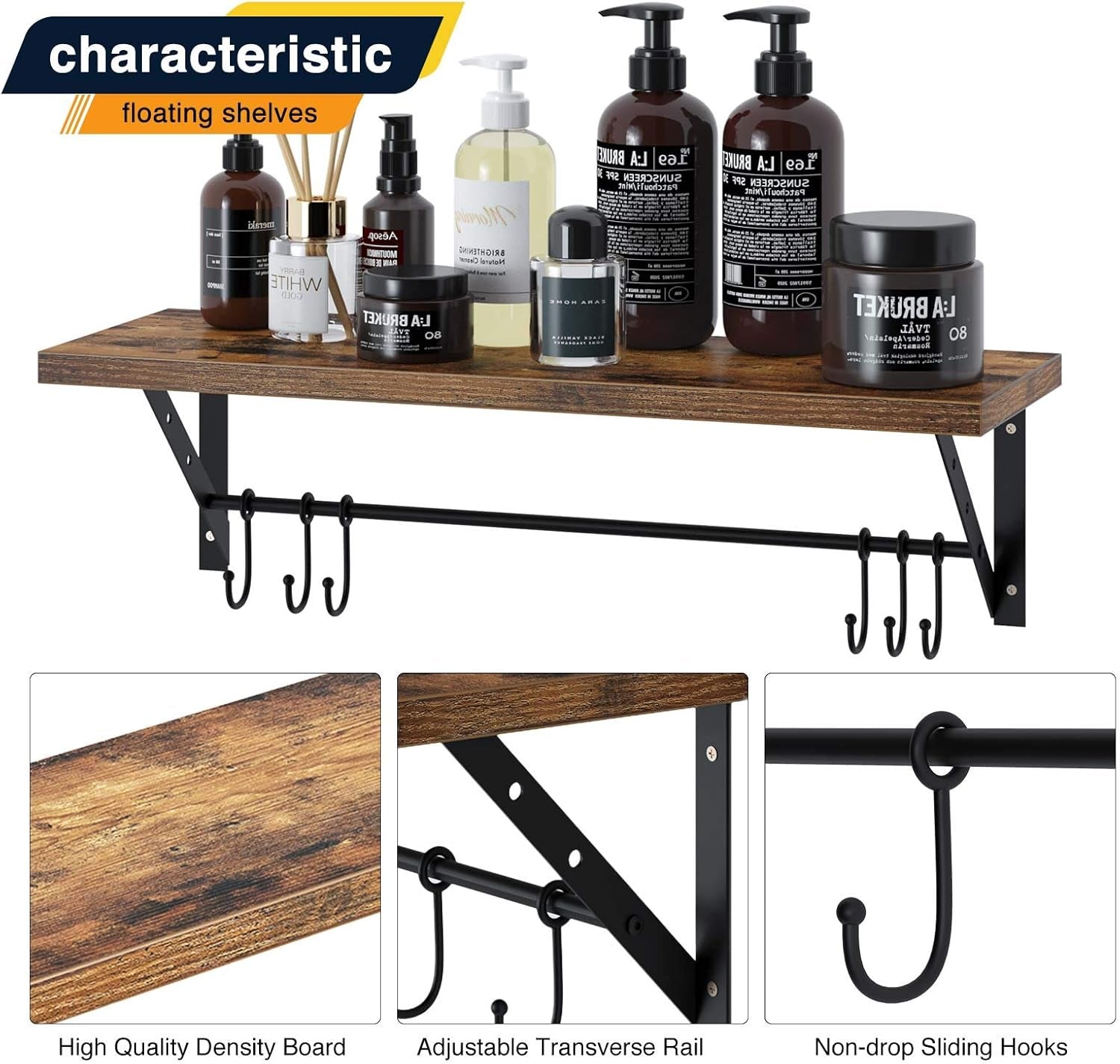 Floating Shelves Wall Mounted Set of 2, Wall Shelves with 2 Towel Holders & 12 Hooks, Multifunctional Storage Shelf Rustic Wood Decoration Shelves for Bathroom, Living Room (Brown 15.75In)