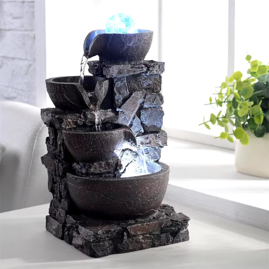 Home Décor Tabletop Fountain Indoor Stone Four Bowls Natural River Rocks Decorated Colorful Lights Rolling Ball (23066)