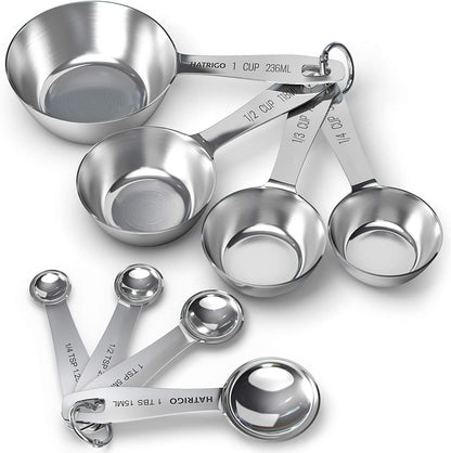 Heavy Duty Professional Stainless Steel Measuring Cups and Spoons Set of 8 with One Solid Piece Construction (No Welded Handles), Heavy Duty Thick Steel, Built to Last a Lifetime