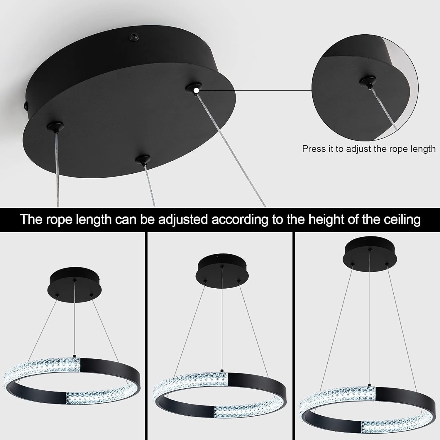 Modern Chandelier LED Ceiling Light Fixture Acrylic in Crystal Adjustable Pendent Light for Living Room Dining Room Bedroom Foyer, Cool White 6000K (1 Ring 15.75'' Black)