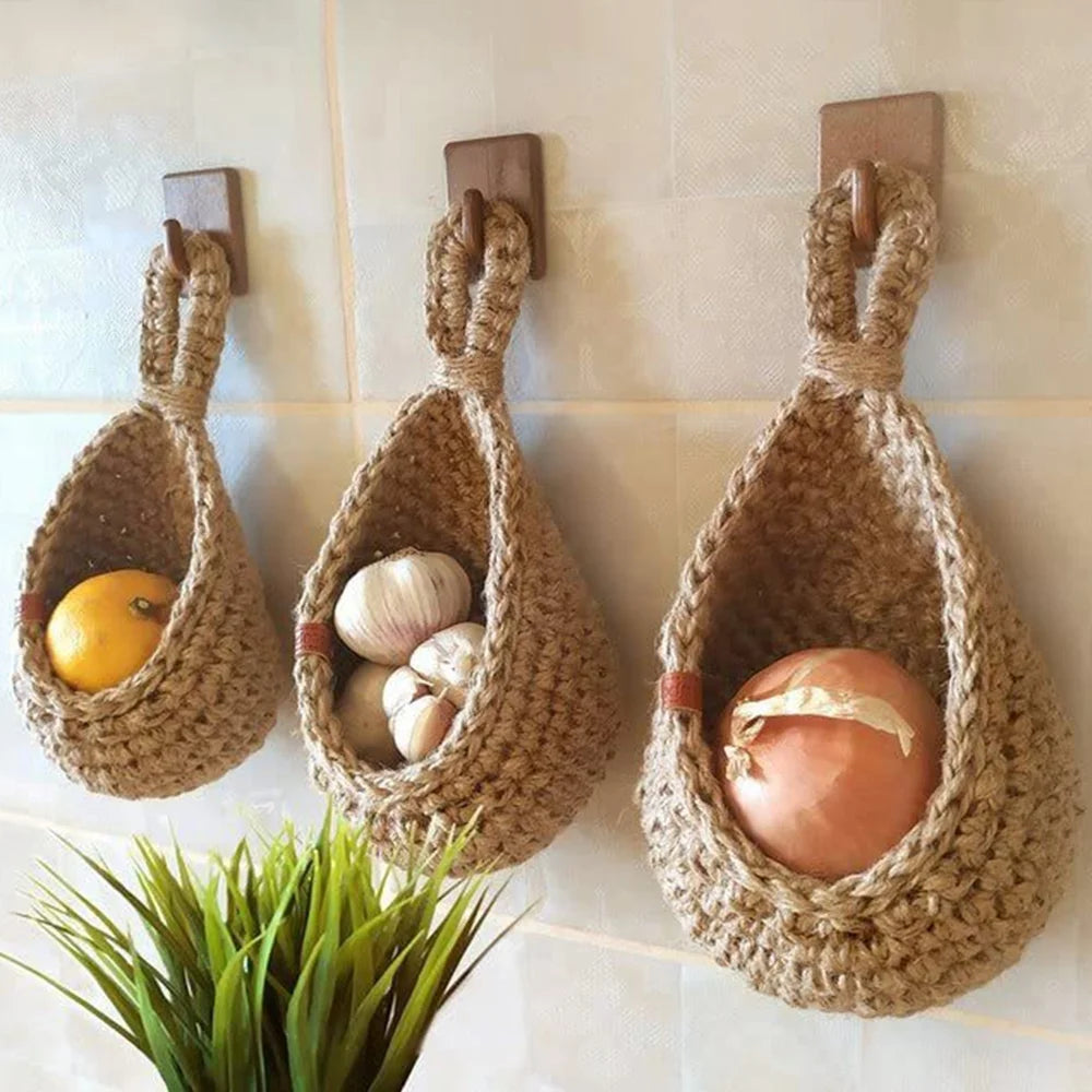 Jute Onion Basket Hanging for Pantry | Potato Garlic Storage | Boho Wall Baskets for Kitchen | Garlic Keeper | Bohemian Handwoven Wall Mount Fruit or Veggie Basket Decor