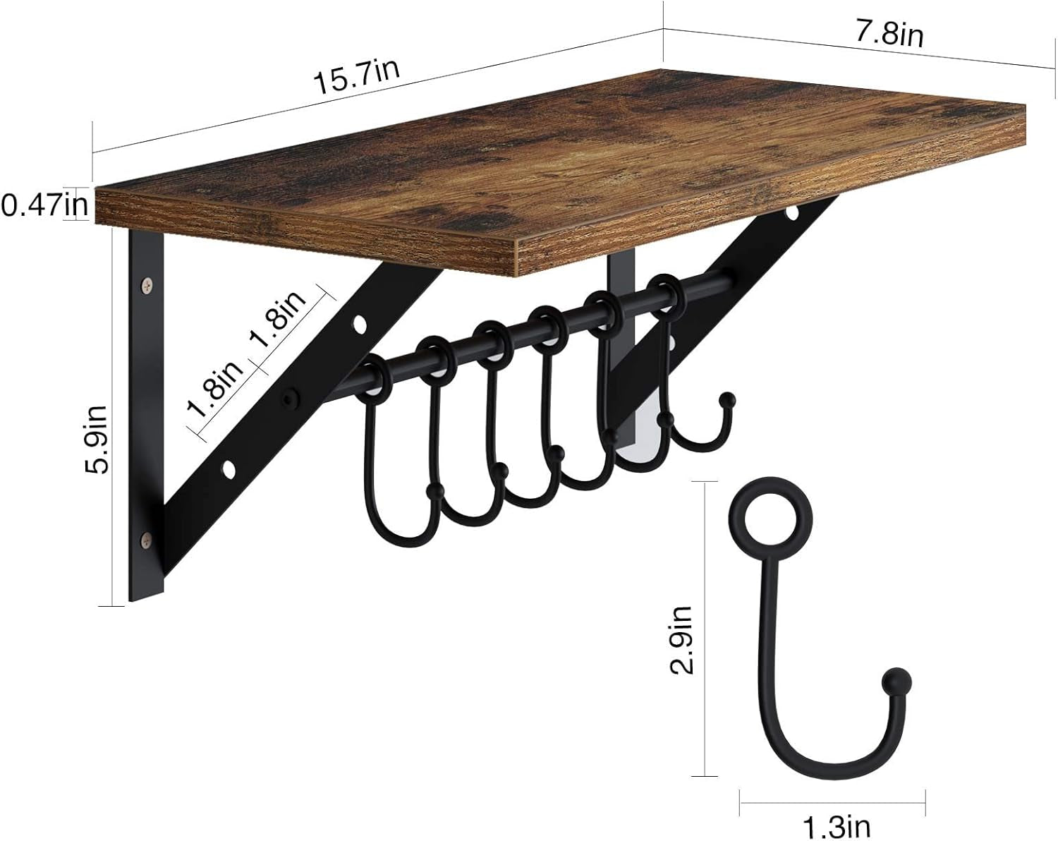 Floating Shelves Wall Mounted Set of 2, Wall Shelves with 2 Towel Holders & 12 Hooks, Multifunctional Storage Shelf Rustic Wood Decoration Shelves for Bathroom, Living Room (Brown 15.75In)