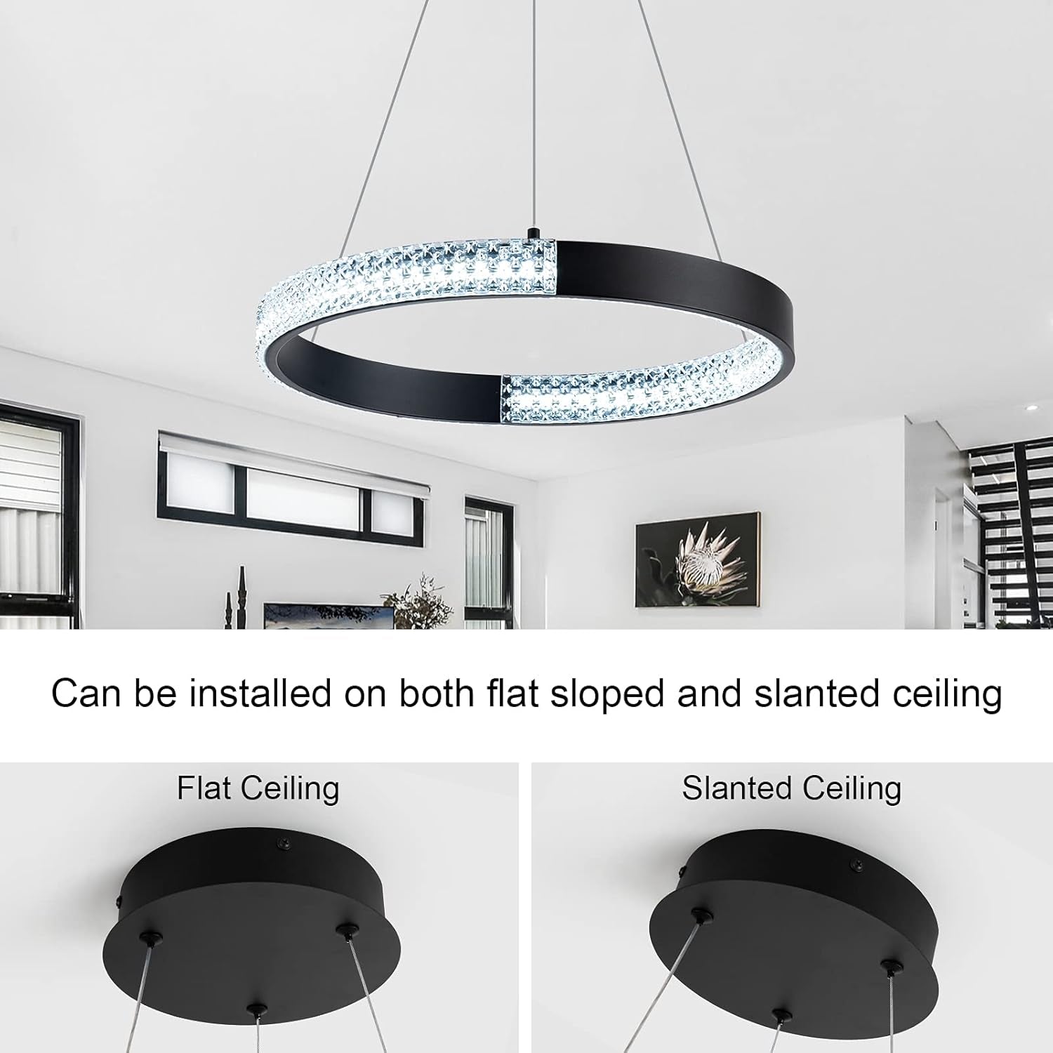 Modern Chandelier LED Ceiling Light Fixture Acrylic in Crystal Adjustable Pendent Light for Living Room Dining Room Bedroom Foyer, Cool White 6000K (1 Ring 15.75'' Black)