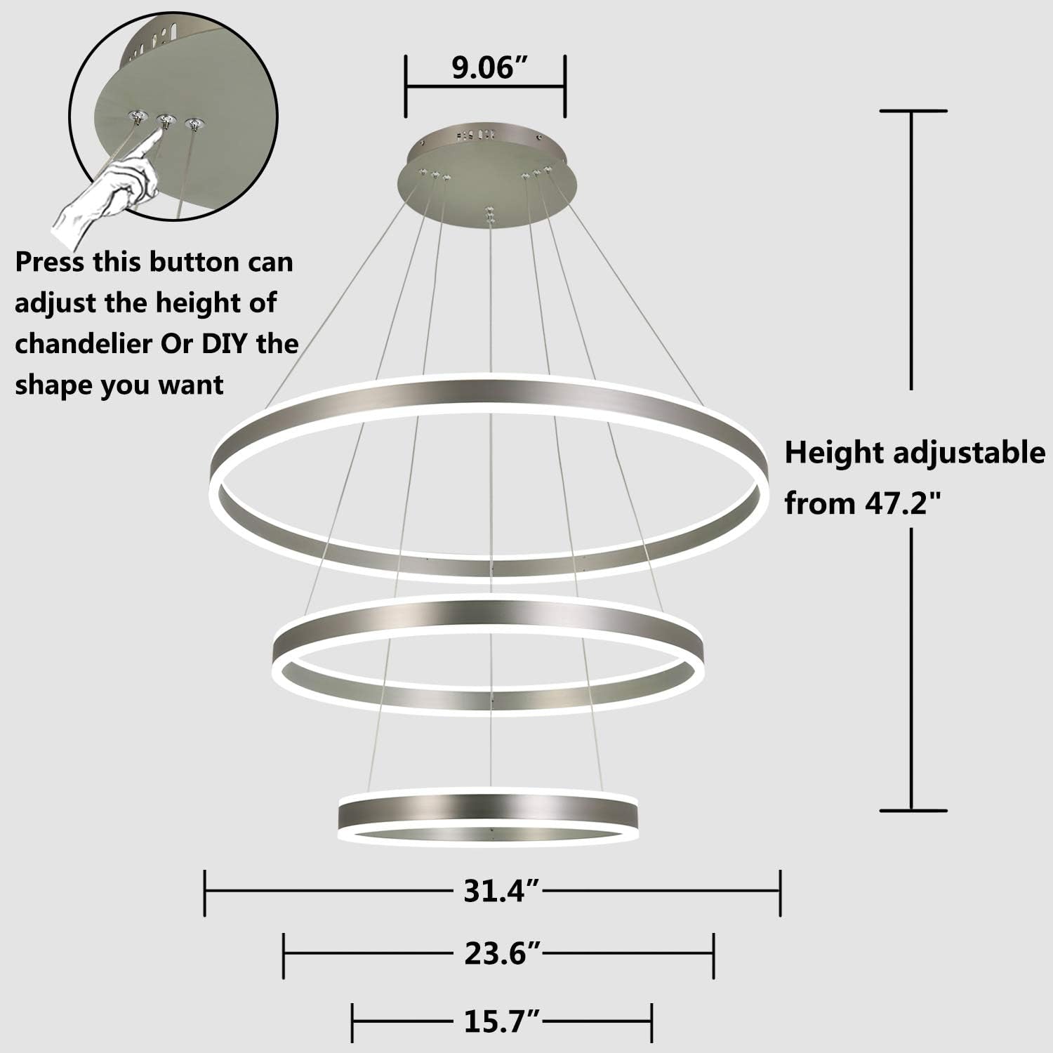 Modern LED Chandelier Dimmable 3 Ring Chandelier Lighting Contemporary Ceiling Led Hanging Light Fixture with Remote for Foyer Dining Room Nickel 113W