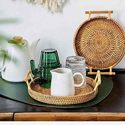 Hand-Made round Rattan Tray with Handle, Food Basket, Basket, Perfect for Displaying Bread, Coffee Breakfast or Fruit 11X11Xo.39In