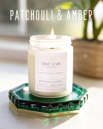 Patchouli & Amber Scented Candle| 8 Oz 45 Hour Long Lasting | Classic Soy Candles Wood Wick | Made with Natural Soy | Gifts for Men and Women