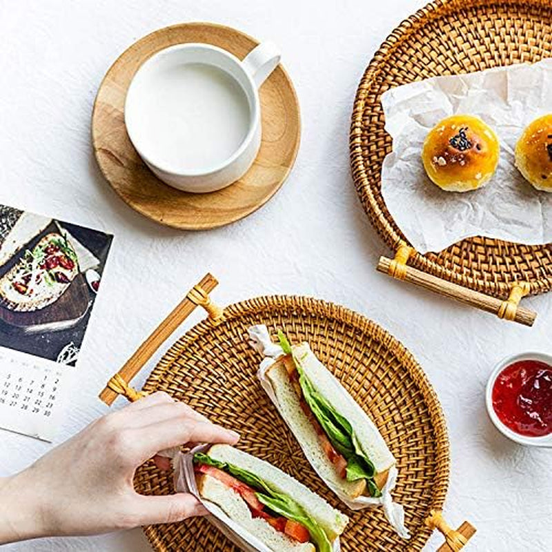 Hand-Made round Rattan Tray with Handle, Food Basket, Basket, Perfect for Displaying Bread, Coffee Breakfast or Fruit 11X11Xo.39In