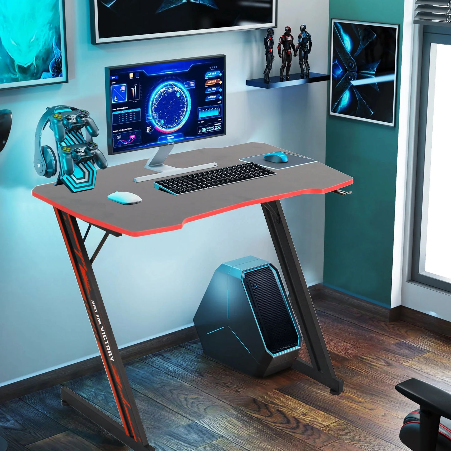 Gaming Desk Z-Shaped Computer Workstation Ergonomic Gaming Desk with Headphone Hook, Red