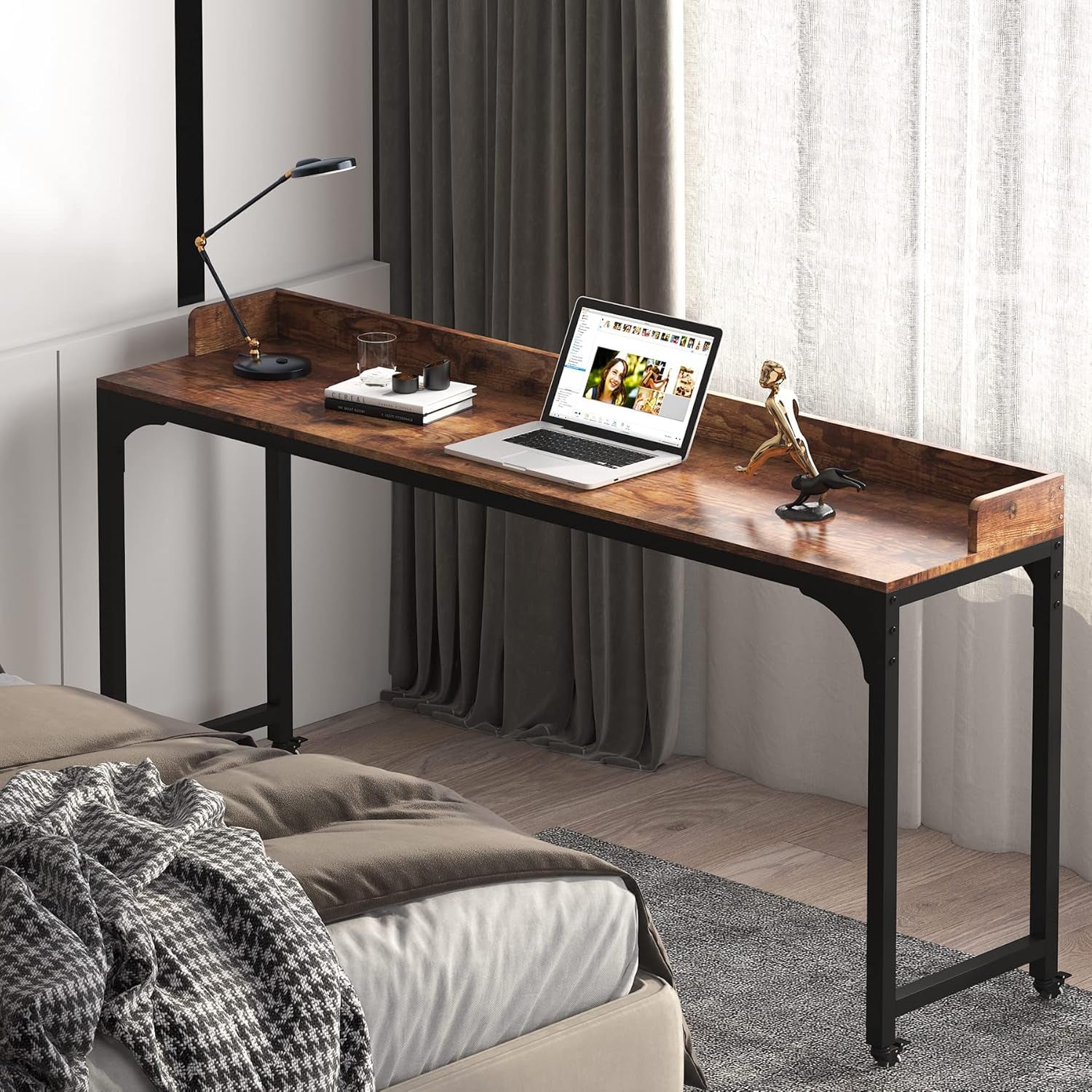 Overbed Table with Wheels, Queen Size Mobile Computer Desk Standing Workstation Laptop Cart, over Bed Table with Heavy Duty Metal Leg (Brown+Black)