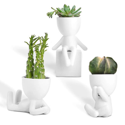 SET of 3 - Mini Decorative Pots with Drainage by Port&Petal - Human Shaped Ceramic Succulent Planters - Little People Pots for Plants for Desktop, Home Decoration, Office, Cafes - White