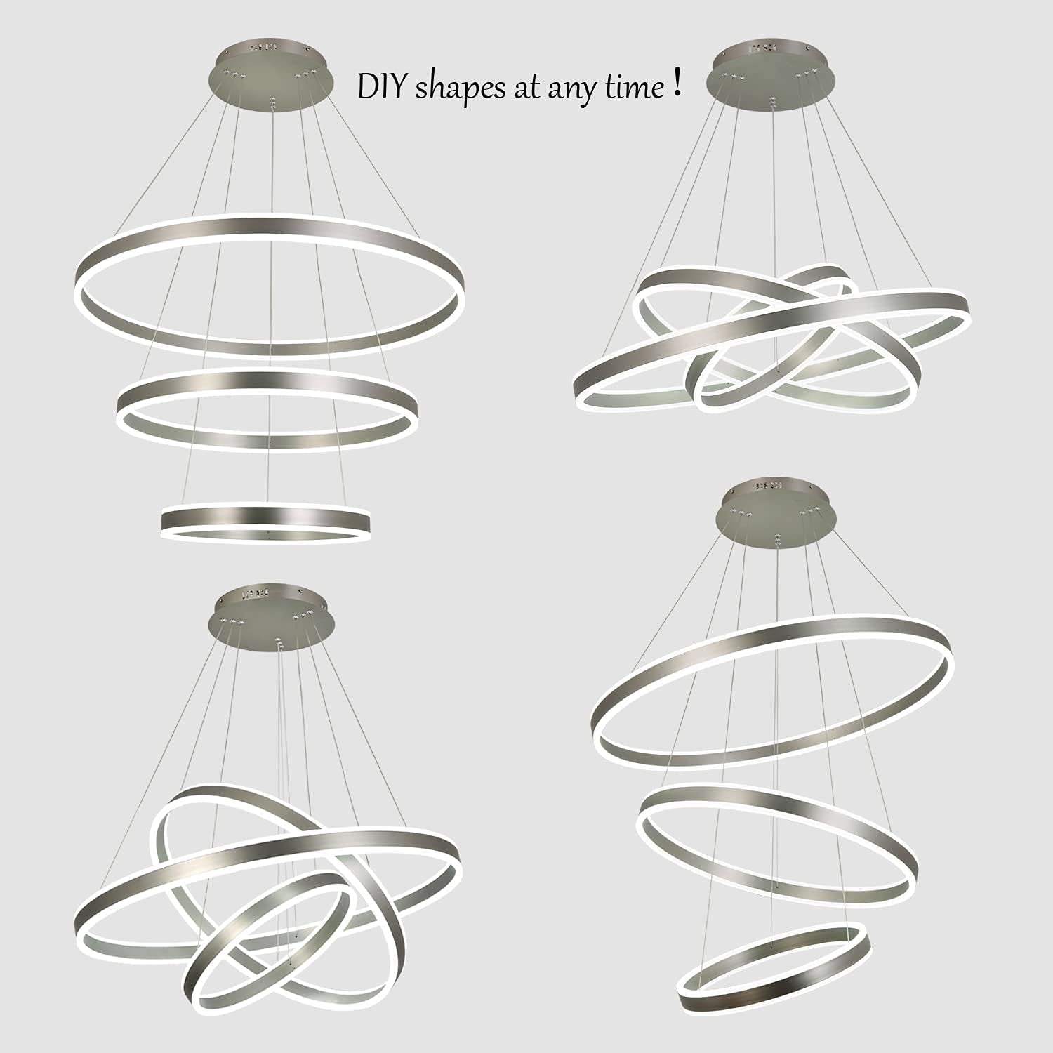 Modern LED Chandelier Dimmable 3 Ring Chandelier Lighting Contemporary Ceiling Led Hanging Light Fixture with Remote for Foyer Dining Room Nickel 113W