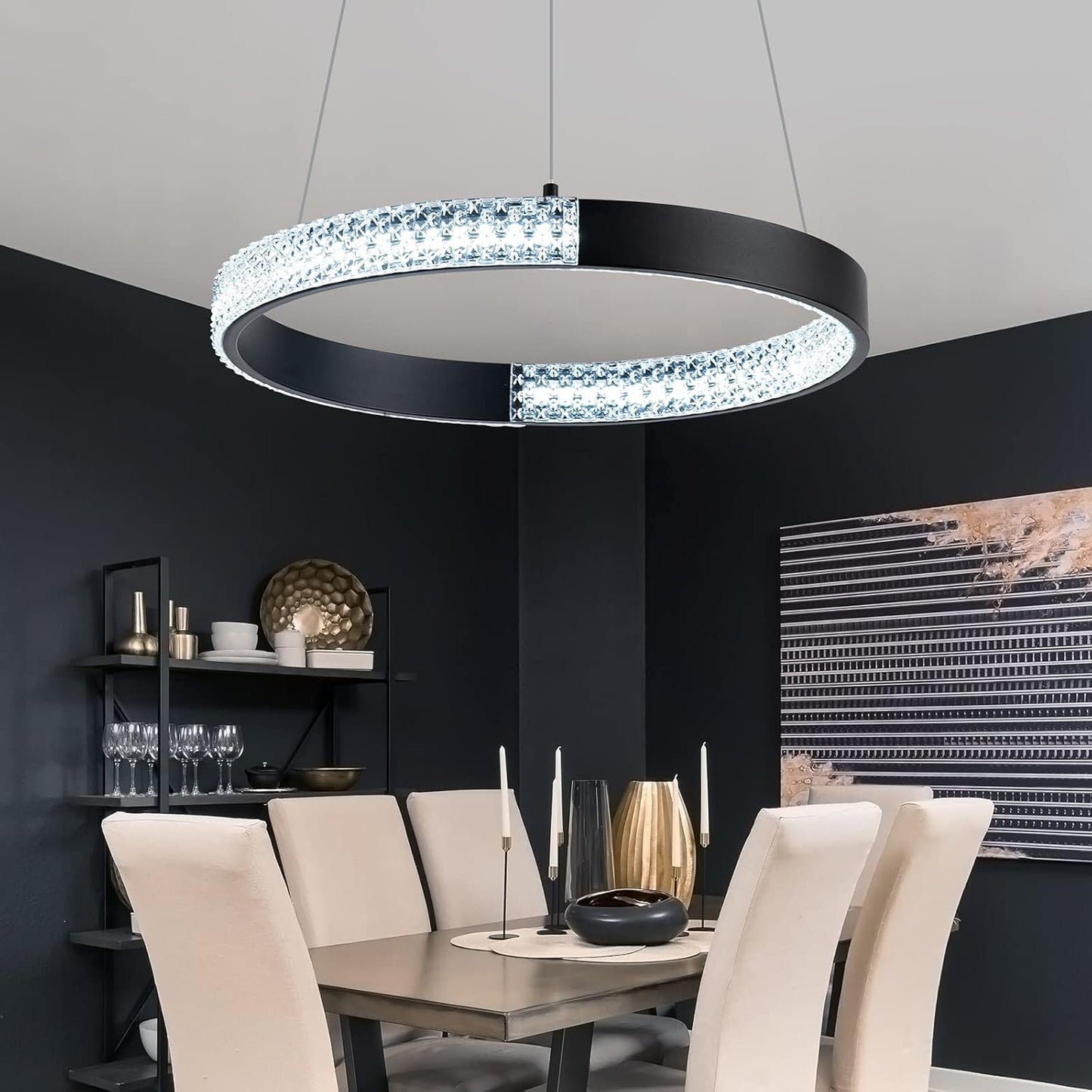 Modern Chandelier LED Ceiling Light Fixture Acrylic in Crystal Adjustable Pendent Light for Living Room Dining Room Bedroom Foyer, Cool White 6000K (1 Ring 15.75'' Black)